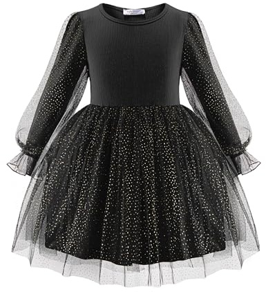 Arshiner Niñas Vestidos Tul Vestido de Manga Larga Niños Elegante Mangas Farol A-Line Vestido de Fiesta Casual Festiva Moda Otoño Invierno Vestido para Niñas 4-5 Años Negro
