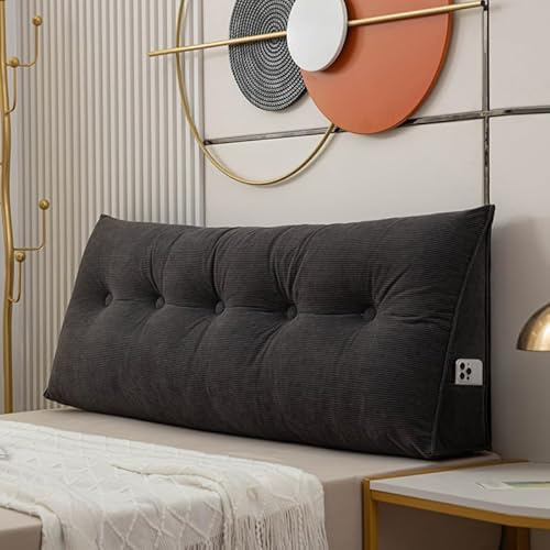 Cojín De Cabecero Lectura De rayas Almohadón De Apoyo Relleno De Algodón Perla Almohada Triangular Para Cabecera Cojín de Pared, Almohada Respaldo de Cintura para Cama Sofá(Size:180X50X20CM,Color:Blac