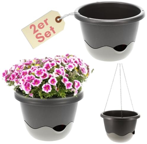 GarPet 2er Set Hängetopf für Pflanzen Blumenampel Außen Blumentopf Hängend Rund Hängetopf Für Pflanzen Hängepflanzen Topf Hängeampel mit Wasserspeicher Anthrazit 30 cm