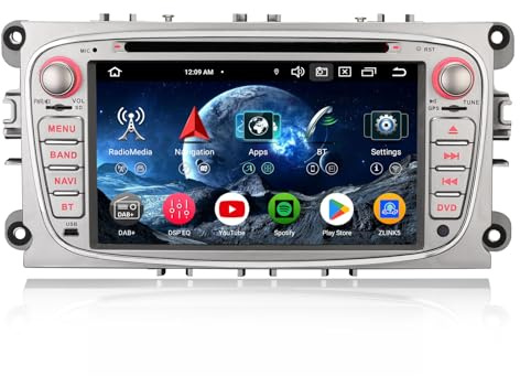 Erisin 8-núcleo 4GB+64GB 7 Pulgadas Android 14 Radio Coche 2 DIN GPS Navegador para Ford Galaxy C-MAX Focus Mondeo S-MAX Bluetooth 5.0 CarPlay inalámbrico Android Auto Dab+ WiFi DSP USB OBD2 CD DVD