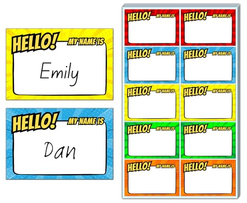 200 Stück - Hello My Name is Sticker, Namensschilder zum Beschriften | Superheld Comic Aufkleber, 75 x 50 mm