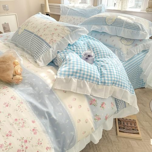 AMZTOP Blue Floral Duvet Cover Twin with Ruffles Reversible Blue Plaid Duvet Cover with Zipper Ties 100% Cotton Cute Rabbits Comforter Cover with 2 Pillowcases, Twin 68 * 86”