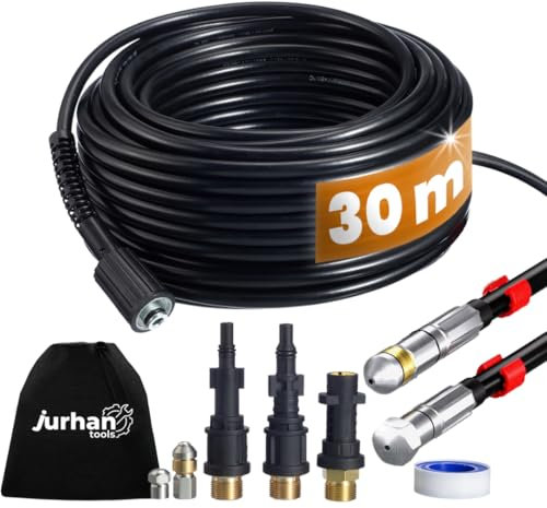 JURHAN Set di pulizia dei tubi (30 m) - Kit di pulizia con 3 adattatori, tubo di alta qualità per alta pressione dell'acqua, compatibile con idropulitrici standard - efficiente pulitore di scarico