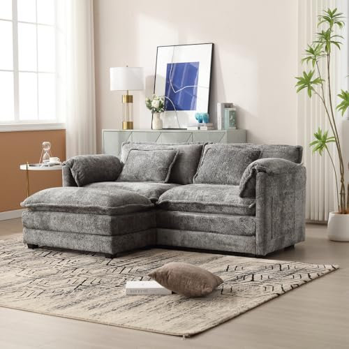 OCACA Modernes minimalistisches 2-Sitzer-Sofa mit Fußstütze, Chenille-Stoff, mit seitlichen Ablagefächern und Kissen, bequem und geräumig, geeignet für Wohn-/Schlafzimmer (Grau)