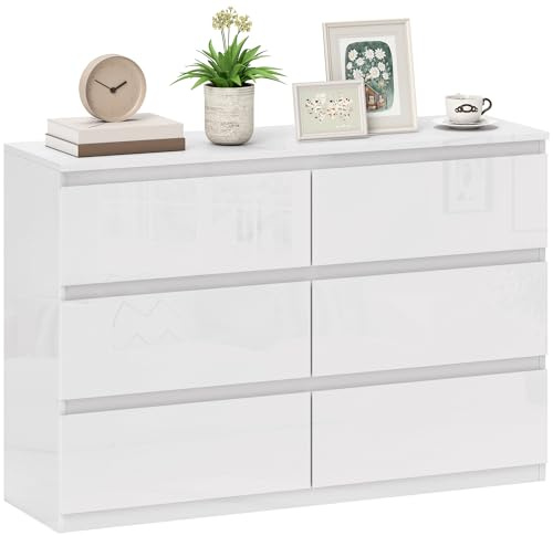 HOMCOM Cómoda con 6 Cajones Cómoda de Dormitorio Moderno con Diseño Anti-vuelco Cajonera para Salón Pasillo 112x34x75 cm Blanco Brillo