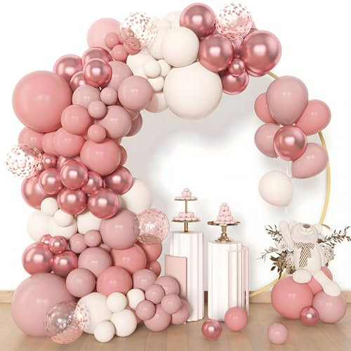 Dusty Pink Balloon Arch Kit - 114pcs Blush Pink Balloon Garland Arch with Rose Gold Balloons Confetti Baloon,Retro Red Metallic Balloons for Birthday Party Decoration Girls Women Wedding Bridal Shower