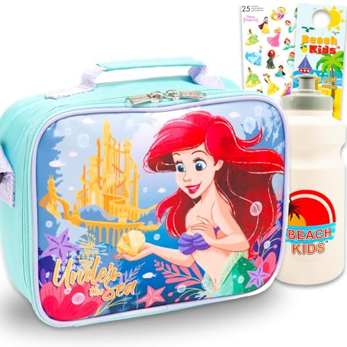 Disney Set di contenitori per il pranzo con sirenetta per ragazze, con borsa termica per il pranzo Ariel e adesivi, bottiglia d'acqua, più set di contenitori per il pranzo per bambini