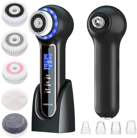 UMICKOO Electric Facial Cleansing Brush with LCD Screen, 3-in-1 Face Scrubber & Optional Blackhead Remover, Rechargeable, IPX7 Waterproof, Gentle Daily & Deep Cleaning for All Skin Types