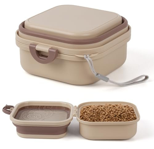 AMEITECH Collapsible Bowl with Cover Lids, Dog Travel Bowls Portable Foldable Cat Water Dish Bowl for Pets Walking Parking Camping, 2-in-1 Portable Food Feeding and Storage Solution (Khaki Small)