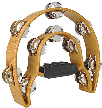 Tamburin Halbmond,Tambourine Percussion, Handtrommel,Tambourine Drum,Drum Tamburine, Schellenkranz mit Handgriff, Musik Schlaginstrument, Zweireihig Schellenring in Halbmond Form Rahmen