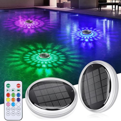 Lumière Piscine Flottante Solaire, 2 Pièce Lumiere Piscine Hors Sol avec Télécommande, 3 RGB Mode, 9 Couleur, Minuterie, IPX7 Étanche Lampe Flottante pour Piscines, Baignoire, Spa, Étang Jardin Déco