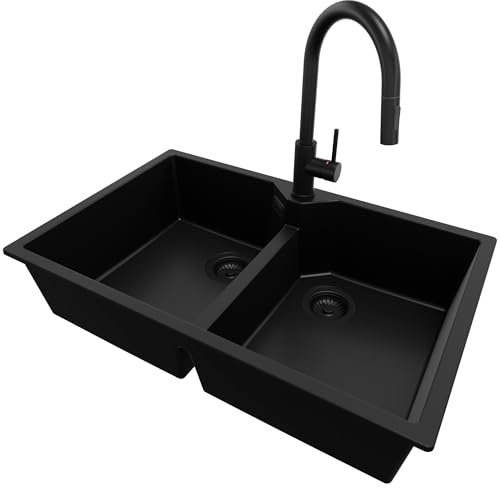 PRIMAGRAN Evier Cuisine en Granit au Meuble 80cm + Robinet, 78x50cm | Set: Robinet BW9010 + Kit de Vidage (Siphon, bonde d’évacuation, trop-plein) + Lavabo 2 bacs - Madrid Twin, Tout Noir
