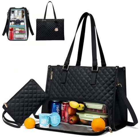 Lunchtasche Damen, 2 in 1 Tote Bag mit Kühlfach, Tote Bag mit Lunchfach, Multifunktionale Shopper Tasche Damen, Lunch Bag Kühltasche Handtasche Kombination für Unterwegs Arbeit Schule Büro (Schwarz)