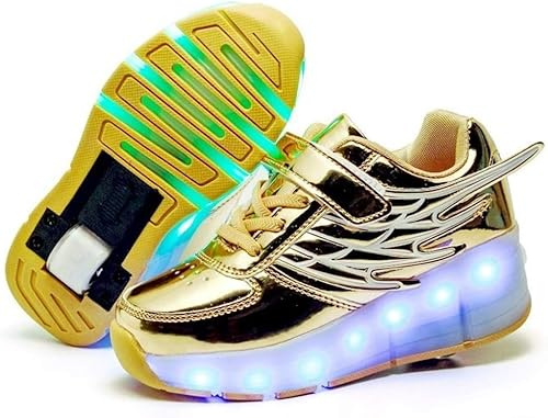 Unisex Barn Rullskridsko Skor Avtagbar Bli Sporttränare Usb-laddning Led Skor Dubbla Hjul Ungdom Flicka Utomhussporter Kors För Pojkar Flickor Hjul Skor, Gold, 33 EU