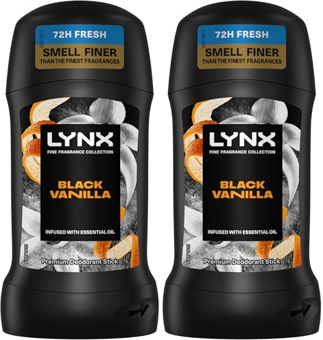 Lynx Fine Fragrance Collection Black Vanilla Premium Deodorant Stick Men's Deodorant with a vanilla, orange & sandalwood fragrance for 72 hour odour protection 50 ml (Pack of 2)