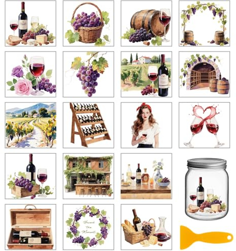 GLOBLELAND 18 Blatt Vintage Wein Abziehbilder Zum Aufreiben Zum Basteln von Vasen 3.9x3.6Zoll Bunte Trauben Manor UV DTF Becherverpackungen Aufkleber Für Rotweine Transferaufkleber Möbel Glasflaschen