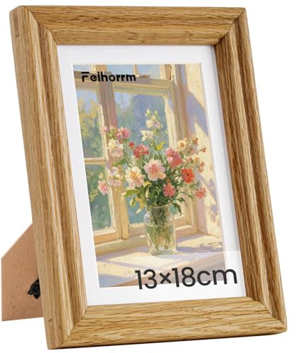Feihorrm Vintage Bilderrahmen, Eiche Massivholz Fotorahmen, Mit gehärtetem Glas, Für 13x18 cm-Fotos ohne Passepartout oder 9x14 cm-Fotos mit Passepartout (Beige, 13x18 cm)
