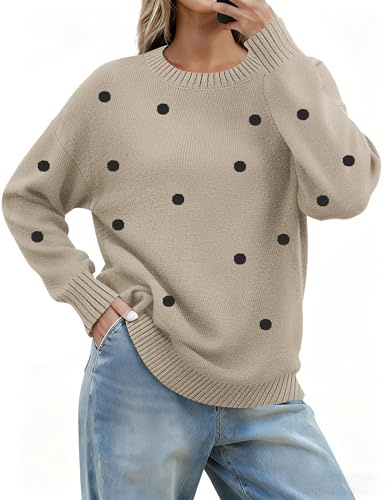 Zeagoo Fall Sweaters for Women 2026 Long Sleeve Crewneck Ribbed Knit Pullover Sweater Loose Fit Basic Dots Tops M