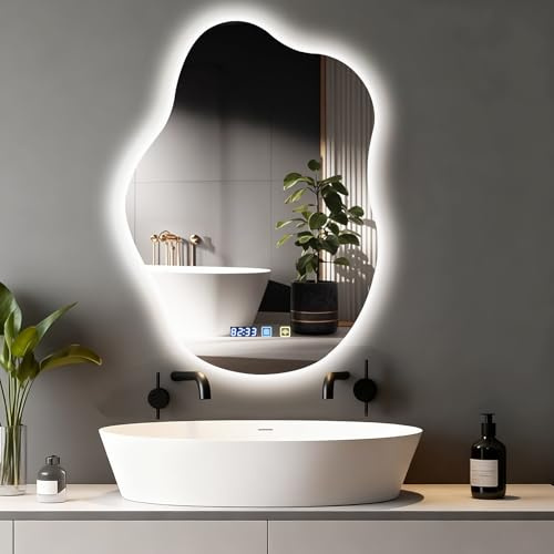 Litglobe Miroir LED Salle de Bain 70x50cm,Miroir Salle de Bain avec Eclairage avec Anti-buée,3 Couleurs Lumière, Dimmable, Capteur Tactile, Affichage L'heure,Fonction Mémoire, HD Verre Trempé