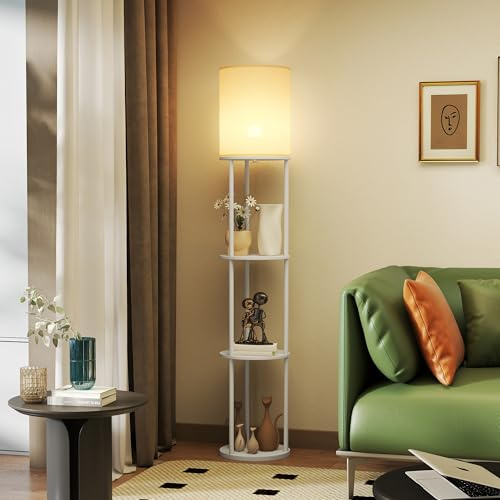 HOMCOM Lámpara de Pie con Estantes, Lámpara con 3 Temperaturas de Color, Control Remoto, Bombilla E27, para Salón, Dormitorio, Oficina, Blanco