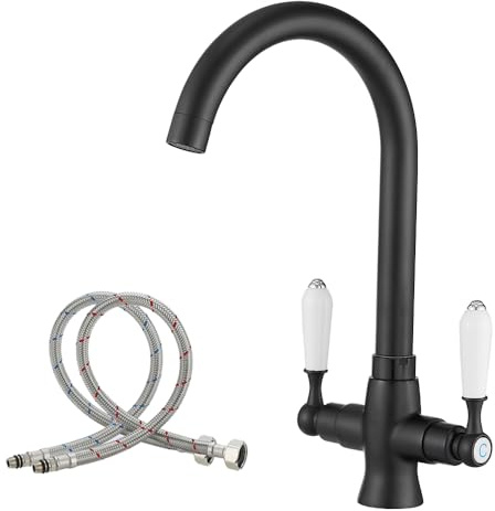 Haiba Kitchen Mixer Tap Sink Faucet 1 Hole Brass Material White Ceramic Dual Lever Monobloc Gooseneck High Arch 360 Swivel Spout Matte Black Sink Taps Deck Mount with Flexible Hoses