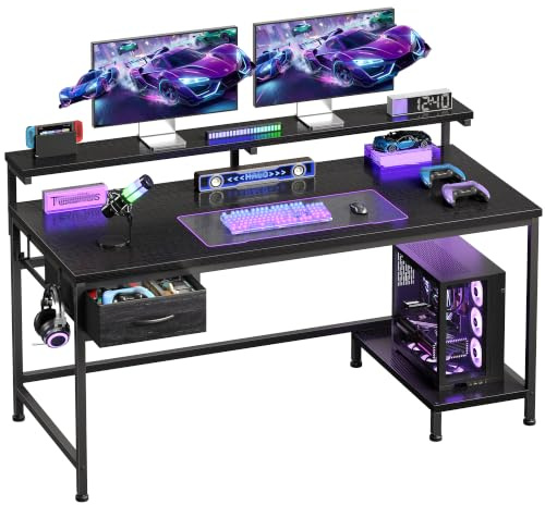 Computer Desk, 120x48x75cm Corner Desk with Drawer & Adjustable Monitor Stand, Gaming Desk with Hook & Reversible Shelve, Computer Tables for Home, Office, Bedroom,Study, Easy Assembly, Black