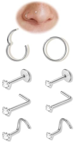 8 Stück Nasenpiercing Titan Nasenring Gold Silber Dünn Nasenpiercing Stecker für Damen Herren 20G Screw/Straight/L Septum Tragus Conch CZ Ohrringe Lippenpiercing Nasen Piercing Ringe Schmuck