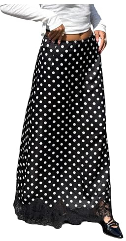 MakeMeChic Women's Summer Y2K Satin Skirt Polka Dots Floral Lace Skirts A Line High Waisted Maxi Skirts Black and White Small
