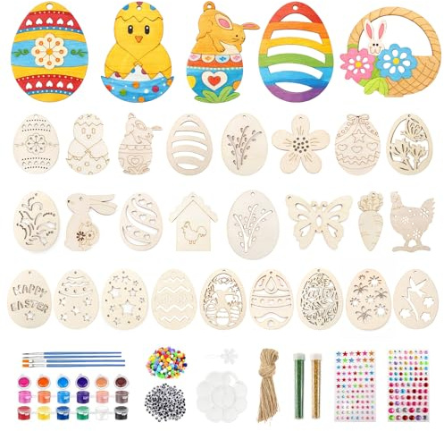 Oster Basteln Kinder, Holz Ostereier zum Bemalen 50 Stück Bastelsets Kinder Holzanhänger Ostern zum Bemalen mit Pompons, Deko Schnur, Strass, Osteraufkleber, Ostergeschenke