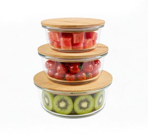 YedZen Glass Containers with Bamboo Lids, 3 Pack Assorted Sizes | with Airtight Wooden Lids, Oven, Microwave, Freezer & Dishwasher Safe, Borosilicate Glass, for Food Storage, Circle