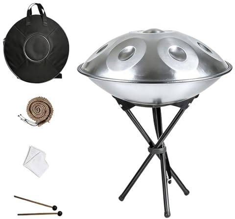 Handpan 22 Zoll für Klangheilung 9 Töne 10 Töne 12 Töne Hand Pan Drum für Meditation Handpan Drum 440HZ/432HZ mit Soft Bag Mallets Ständer Seilkante Cleaning Cloth(Silver,440HZ/10 Note)