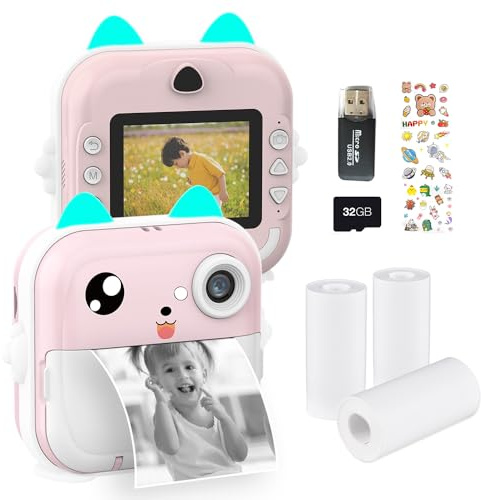 Portable Children Instant Thermal Print Kid Camera 2 4 Inch Screen Digital Photo Selfie HD Video Inkless Printing with 32GB Memory Card 3 Rolls Reader