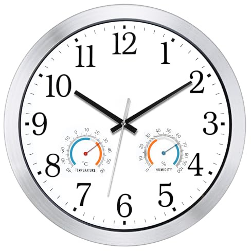 KIZLOC Orologio da parete per esterni, 40 cm, resistente alle intemperie, con termometro e igromo, orologio da giardino silenzioso senza ticchettio, funzionamento a batteria, grande orologio per