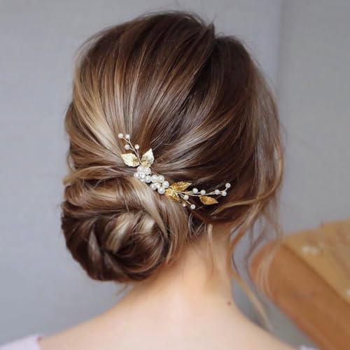Atigy Gold Haarnadeln mit Perlen, Braut-Haarschmuck, Blumen, Hochzeits-Haarzubehör für Damen (3 Stück) (Gold)