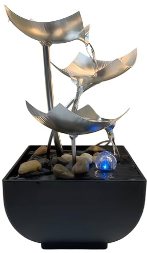 Zimmerbrunnen, Tischbrunnen Wasserfall mit LED Beleuchtung | Moderne Zen Deko mit Geräuschloser Pumpe, Moderne Zen Tischdekoration（Silberne)