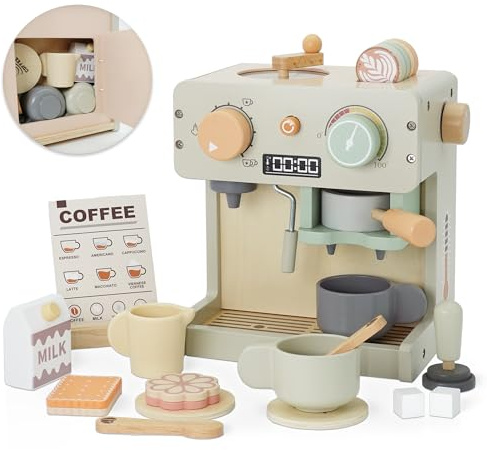 BloomCub Wooden Coffee Machine Toy for Kids Pretend Play Food with Kitchen Accessories Barista Role Play Toys for 3-5 Year Old Girls Boys