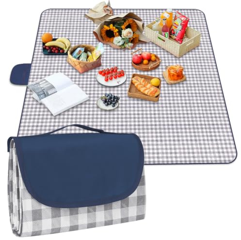 AYBUY Picknickdecke, 200 x 200cm, Faltbare Campingdecke mit wasserdichter Unterseite，Sandfeste Strandmatte mit Tragegriff，Waschbar Picknickdecken für Outdoor, Camping, Strand, Park, Marineblau
