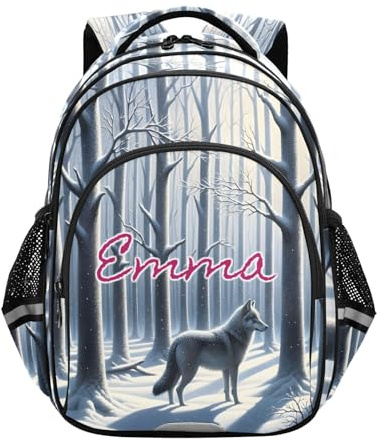 RPLIFE Sac à dos d'école personnalisé loup bleu neige pour garçons filles âgés de 6 à 12 ans sacs à livres mignons personnalisés pour fille, Loup Bleu Neige, 17 Inch, Sacs à dos traditionnels