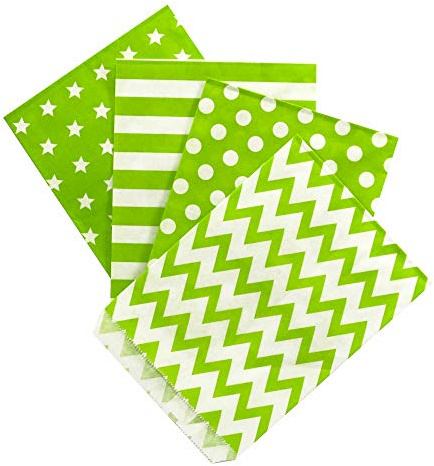 Frau WunderVoll® 100 PAPIERTÜTEN GRÜN, Sterne, Streifen, Punkte, Zacken 13 x 16,5 cm, 45 Gramm Papier, flach/Candy Bar, Hochzeit, Kindergeburtstag, Papiertütchen, Candybag, Tüten, Mitgebseltüten