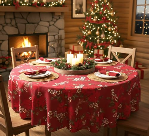 KAMACA Tischdecke Weihnachten Weihnachtstischdecke rot pflegeleicht strapazierfähig Festliche Winter Tischdekoration für Küche & Esstisch Eyecatcher Herbst Winter Weihnachten (X-Mas Time 160 cm rund)