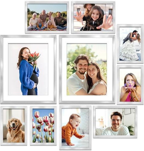Icona Bay Combo-Sizes Silver Picture Frames Set - 10 PC (Four 6x4, Four 7x5, Two 10x8), Noble Collection Multi-Pack, Modern Professional Design for Wall Gallery