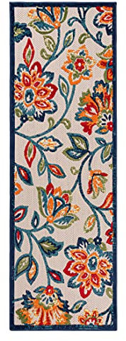 Carpeto Rugs Blumenmuster In- & Outdoor Läufer Wetterfest für Balkon, Terasse - Balkon Teppich Wasserfest - Outdoorteppich Wetterfest - Aussenteppich Terrasse Groß - Blau Bunt - 80 x 150 cm
