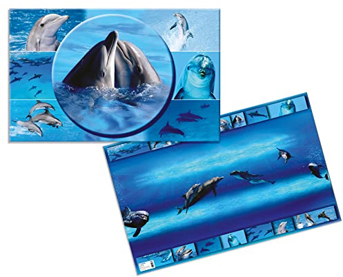 HERMA 19087 Schreibtischunterlage Tiere Delfin 3er Set, 55 x 35 cm, rutschfest, abwischbar und mit beidseitigem Motiv bedruckte Schreibunterlage aus stabilem Karton, Tischunterlage für Kinder