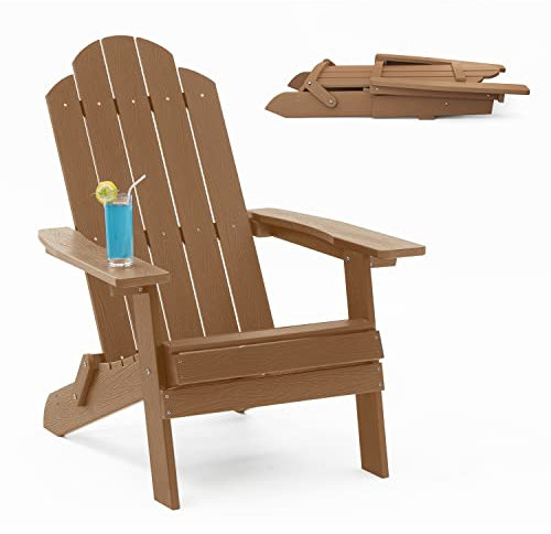 MXIMU Adirondack-Klappstuhl für draußen: Einfach zu montierende und bequeme Adirondack-Stühle – Allwetter-Verbundkunststoffstuhl für Feuerstelle, Terrasse, Rasen, Garten, Hinterhof (Teakholz)