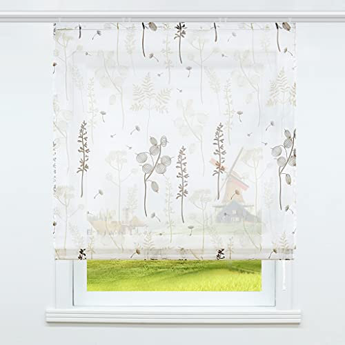 CORLIF Voile Raffrollo mit Klettband Gardinen Küche Raffgardinen Transparent Bändchenrollo Vorhänge mit Laternenblume Modern Sand BxH 100x140cm 1 Stück