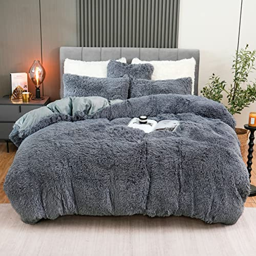Fluffy Plush Duvet Cover Set , Luxury Ultra Soft Velvet Fuzzy Comforter Cover Bed Sets 4Pcs(1 Faux Fur Duvet Cover + 2 Pillow Cases + 1 Cover) Zipper Closure (Queen, Dark Gray)