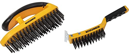 Roughneck Heavy Duty Tapered Block Wire Brush & Heavy Duty Wire Brush With Scraper (2 Pack, Carbon Steel Bristles, 5 Rows)