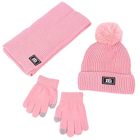 NautySaurs Jungen Mädchen Mütze Schal und Handschuhe Set Winter Thermo Strick Häkelmütze Bommelmütze Fleece Gefüttert Beanie für Kinder im Alter von 2-8 Jahren, rose, Einheitsgröße