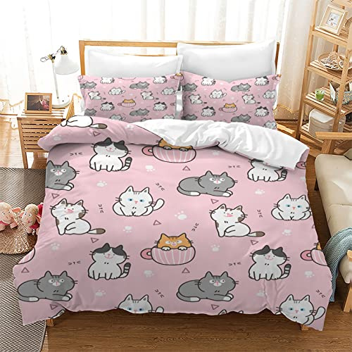 NDXRWDZR Funda Nordica Cama 90 Infantiles Gato Rosa Edredón Cama 90 para Niñas Niños con Cremallera 110gsm Microfibra de Suave Transpirable Fundas Nordicas 150x220 cm + 2 Fundas de Almohada 50x80 cm