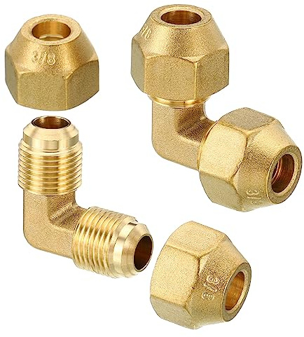 PATIKIL 3/8 x 3/8 Brass Pipe Fitting, 2 Pack Flare 90 Degree Elbow Tube Fitting Pipe Adapter Connector with Nut for Air Conditioner Refrigeration Plumbing